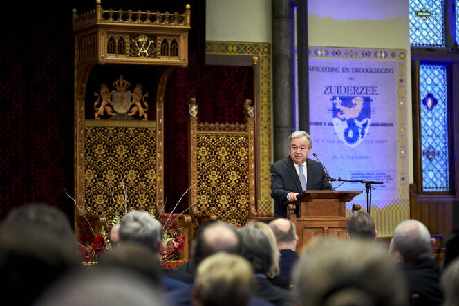 Antonio Guterres, le secrétaire général de l’ONU, lors de la cérémonie de clôture du TPIY au Ridderzaal, la salle des Chevaliers, située dans l’enceinte du Parlement néerlandais à La Haye.