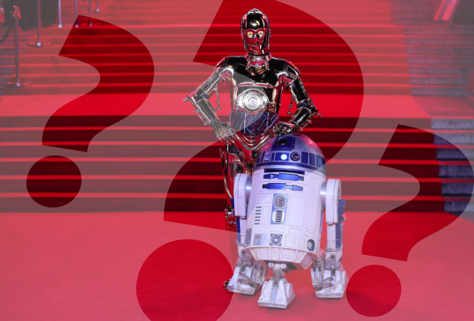 Les personnages de C-3PO et  R2-D2 lors de l’avant-première européenne de « Star Wars : les Derniers Jedi » à Londres, le 12 décembre 2017.