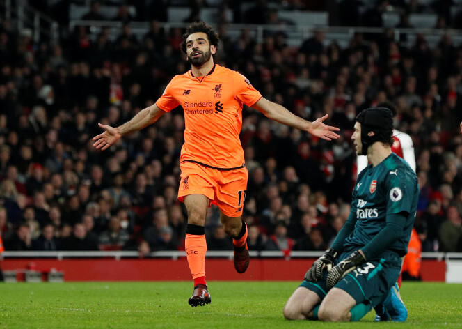 L’attaquant égyptien de Liverpool Mohamed Salah célèbre un but lors d’un match de championnat d’Angleterre contre Arsenal, à Londres, le 22 décembre 2017.