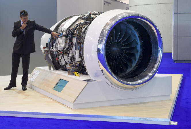 Un moteur Safran au Salon Ebace, convention de l’aviation d’affaire européenne, le 22 mai 2017, à PalExpo, le palais des expositions et des congrès de Genève.