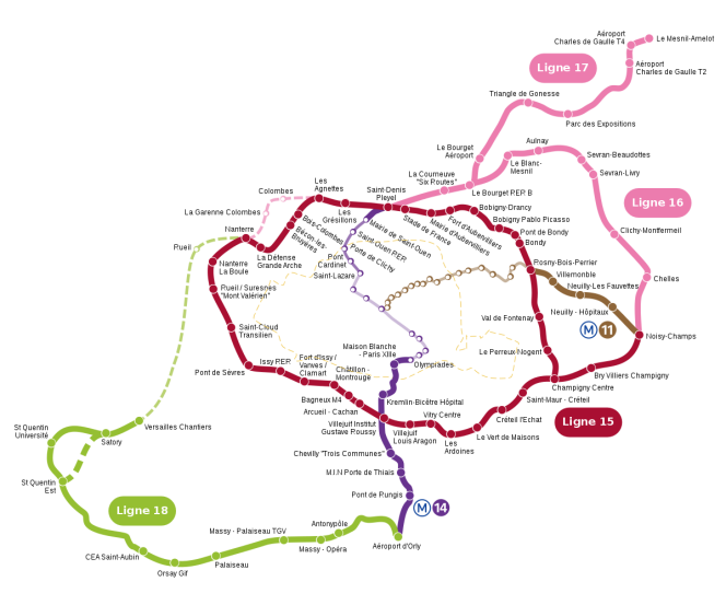Plan du Grand Paris Express après la refonte du projet par le gouvernement Ayrault en mars 2013.