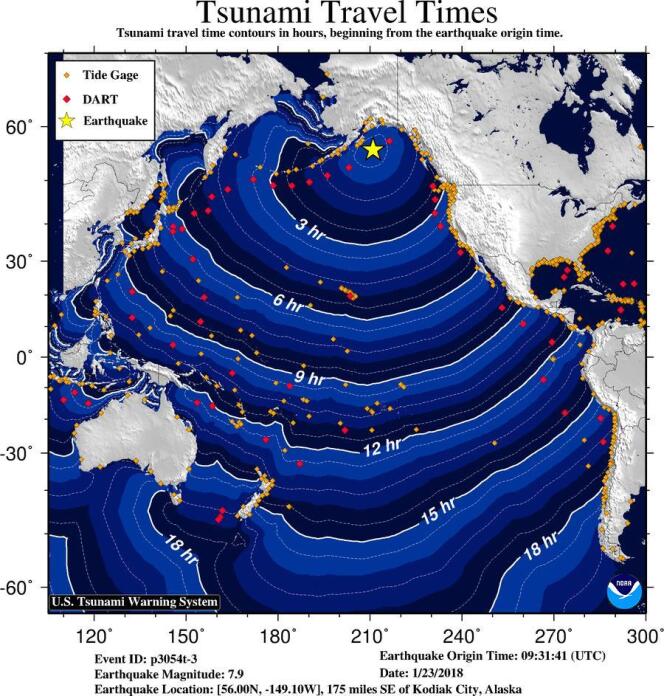 Vitesse de propagation du tsunami déclenché par le séisme du 23 janvier dans le golfe de l’Alaska.