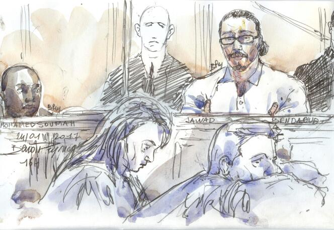 Croquis d’audience de Jawad Bendaoud, lors de son procès à Paris, le 25 janvier.