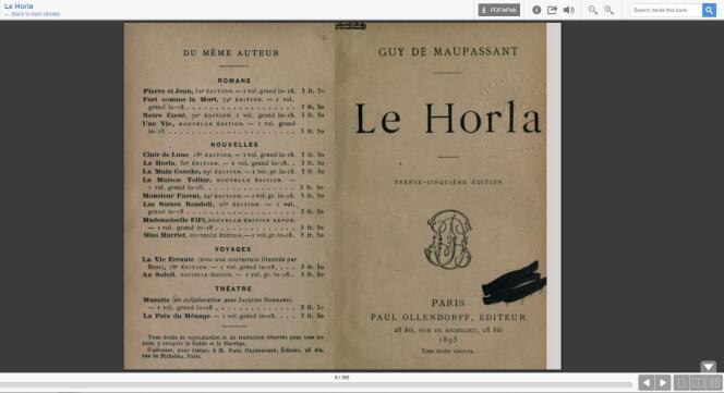 Open Library dispose d’un lecteur pour lire en ligne des ouvrages. De nombreux classiques français, comme ici « Le Horla » de Guy De Maupassant, ont été scannés et mis à disposition.