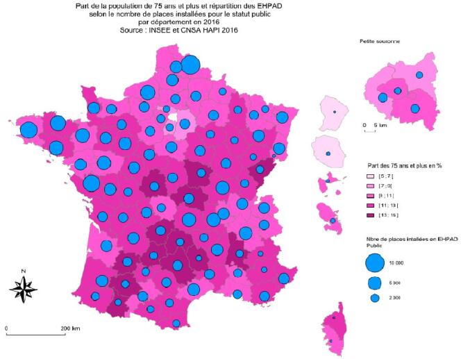 Répartition des Ehpad publics sur le territoire avec le nombre de places (cercles bleus) comparées à la proportion de 75 ans et plus dans la population (nuances de rose).