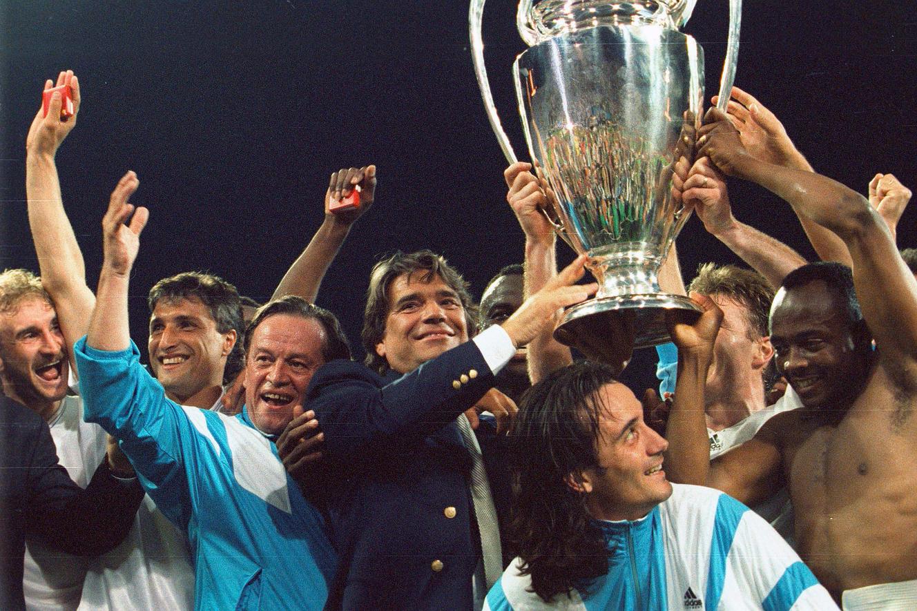 Bernard Tapie, à Munich, le 26 mai 1993, après la victoire de l’OM face au Milan AC en finale de la Ligue des champions.