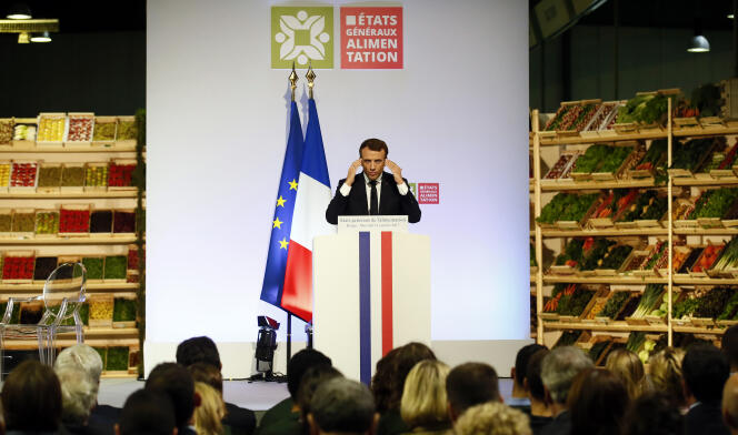 Le président français, Emmanuel Macron, lors d’un discours devant les représentants de l’industrie agroalimentaire, au marché international de Rungis (Val-de-Marne), en octobre 2017.