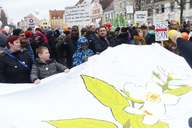 Manifestation contre les discriminations envers les réfugiés, à Cottbus (Allemagne), le 3 février.