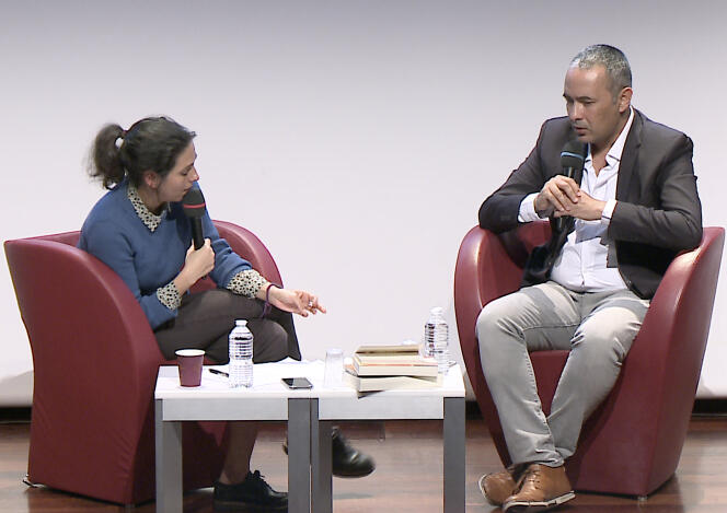 Kamel Daoud (à droite), avec Manou Farine, lors de sa masterclasse, le 6 février à la BNF.