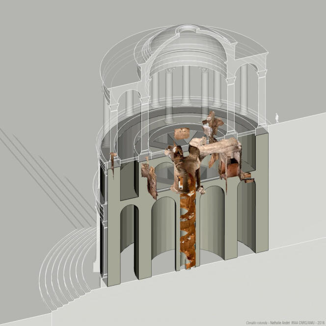 Reconstitution en 3D de la salle à manger tournante, dans la « Maison dorée » de Néron.