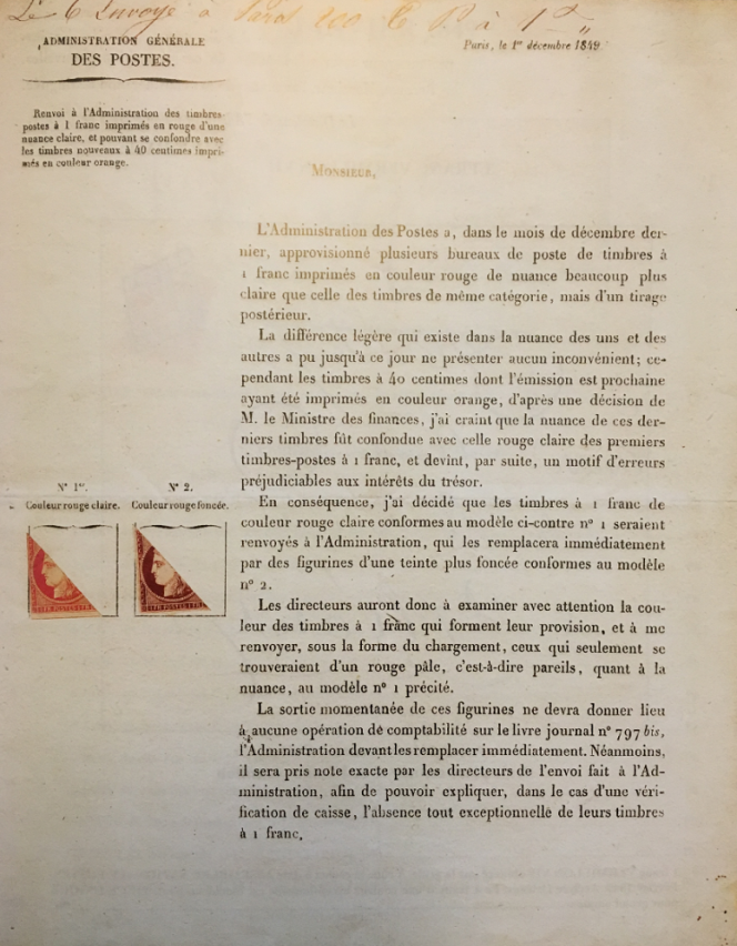 Circulaire (entière, double page) de retrait du 1 franc vermillon, 35 000 euros (Vente Jamet-Baudot-Pothion, clôturée le 21 février).
