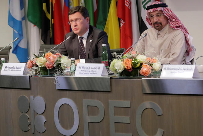 Le ministre russe de l’énergie, Alexander Novak, et son homologue saoudien, Khaled al-Faleh, à Vienne (Autriche), lors d’une réunion de l’OPEP, le 30 novembre 2017.