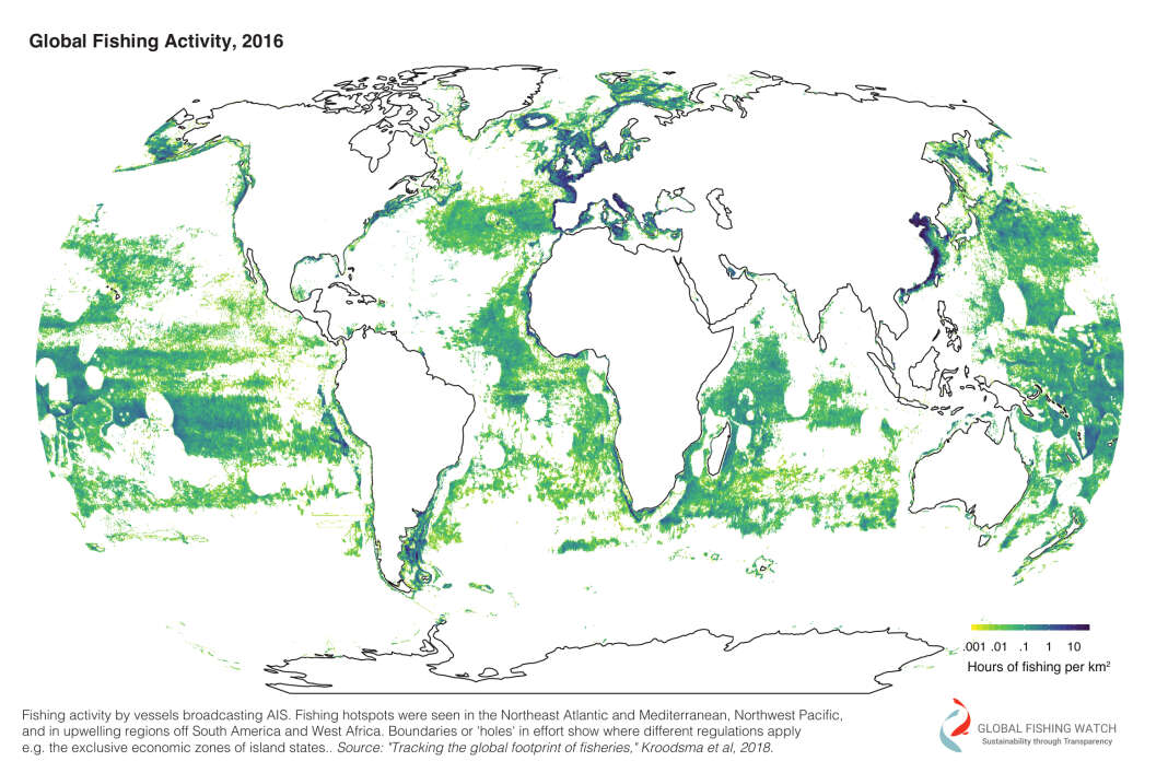 L’empreinte mondiale de la pêche, par satellite. Les zones les plus concernées sont l’Atlantique Nord-Est et le Pacifique Nord-Ouest, et quelques régions au large de l’Amérique du Sud et de l’Afrique de l’Ouest.