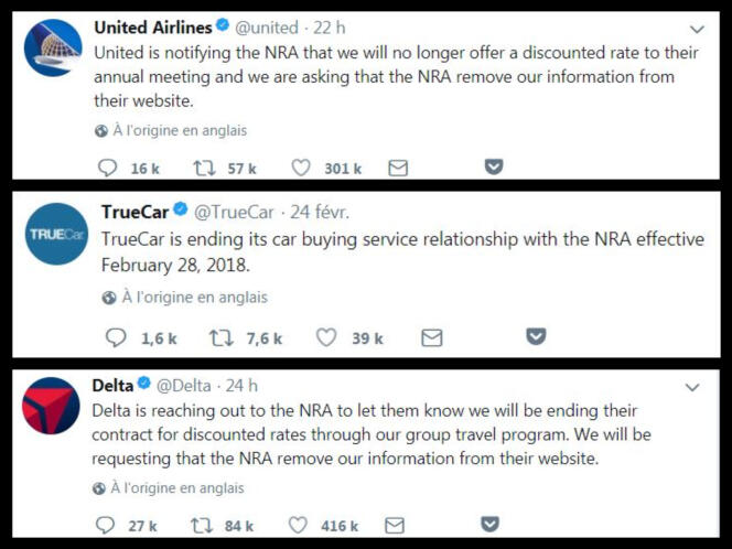 Capture d’écran des messages publiés sur Twitter par United Airlines, TrueCar et Delta Airlines.