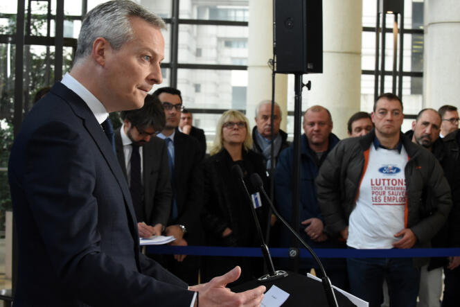 Le ministre de l’économie, Bruno Le Maire, donne une conférence de presse à Paris, le 2 mars, après une réunion avec le maire de Bordeaux et des représentants des salariés de l’usine Ford de Blanquefort.