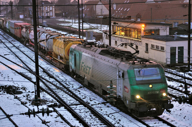 Un train de fret arrive en gare de Sequedin (Nord), en mars 2012.
