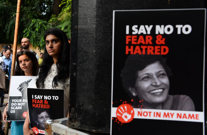 Lors d’une manifestation en Inde, après l’assassinat de la journaliste Gauri Lankesh, le 7 septembre 2017.