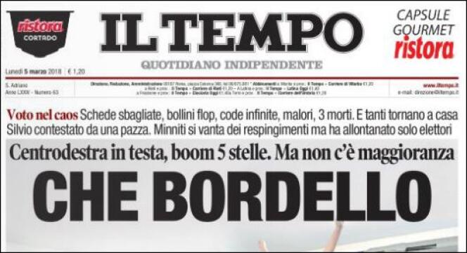 La « une » du journal « Il Tempo », au lendemain des élections italiennes.
