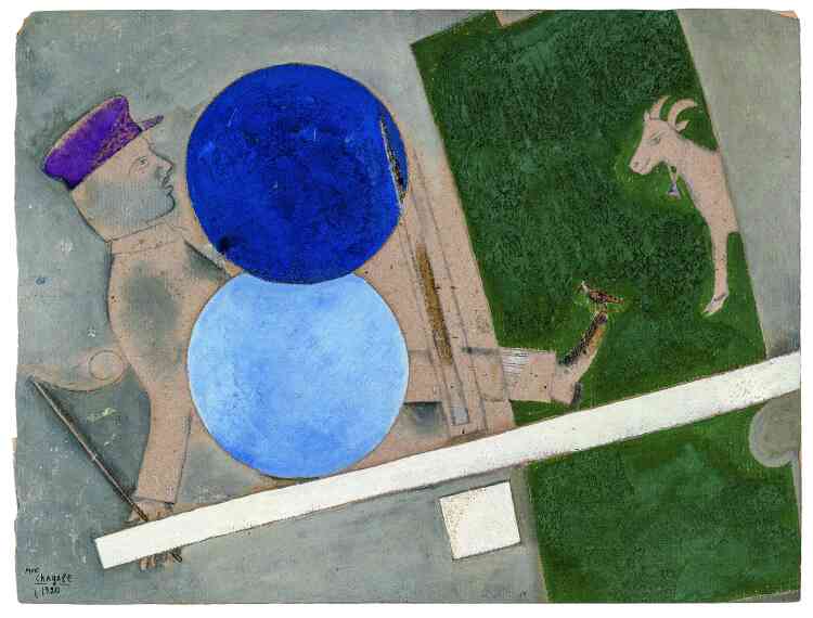 « Cette petite huile sur carton est peinte à Moscou, où Chagall s’installe après son départ de Vitebsk en juin 1920. Il travaille pour le Théâtre national juif Kamerny, dont il décore une salle, nommée par la suite “La Boîte à Chagall”. Cette œuvre reprend l’idée d’une scène de cirque absurde dans laquelle, sous le regard souriant d’une chèvre, un acrobate ou magicien bolchevique cherche un équilibre, à l’instar des deux grands cercles bleus. Dans cet espace irréaliste, le suprématisme se voit ainsi détourné avec l’espièglerie propre à Chagall. »