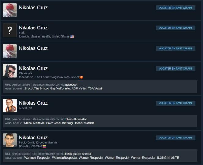Si une recherche « Nikolas Cruz » renvoie vers 190 profils potentiellement ambigus, au moins une vingtaine d’entre eux associent à ce nom une photographie de l’auteur du massacre.