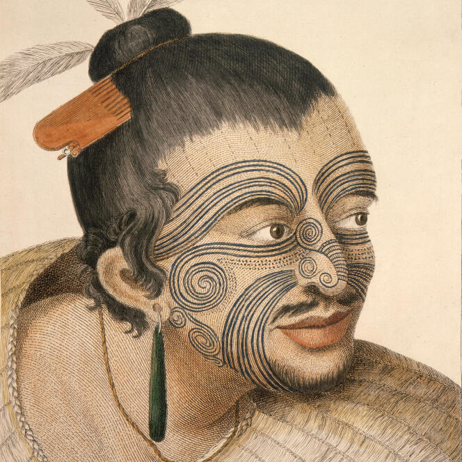 Dessin d’un chef maori réalisé en 1784 après le premier voyage de l’explorateur britannique James Cook en Nouvelle-Zélande.