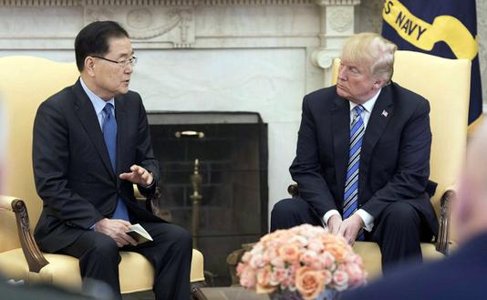 Le conseiller national sud-coréen à la sécurité, Chung Eui-yong lors de sa rencontre avec le président Donald Trump, à la Maison Blanche, le 8 mars. YONHAP / REUTERS