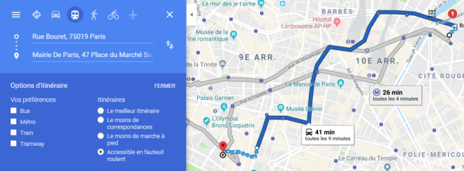 A Paris, plutôt que le métro (en gris), Google Maps conseille de prendre un bus (en bleu).