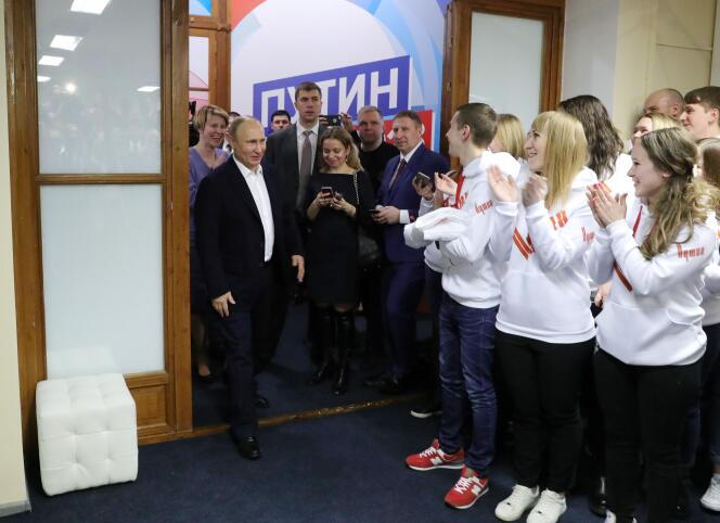 Vladimir Poutine dans son QG de campagne le soir de sa réélection le 18 mars 2018.