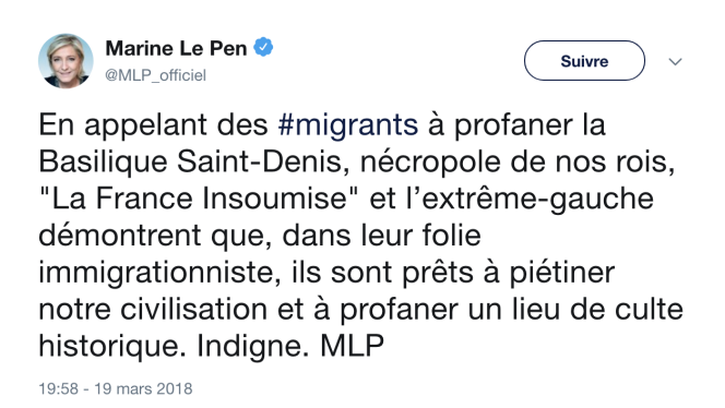 Le tweet de Marine Le Pen daté du 19 mars 2018.