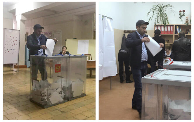 Deux photos montrant un électeur votant dans deux bureaux de vote différents, lors de l’élection présidentielle d’Oust-Djegouta, en Russie, le 18 mars 2018.
