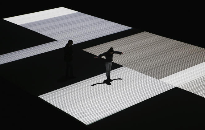 Une femme joue avec son ombre sur « Test Pattern », une installation de l’artiste japonais Ryoji Ikeda, lors du festival Vivid, à Sydney, en 2013.