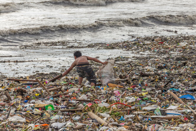 Un homme collecte des plastiques apportés par la mer, à Manille, aux Philippines.