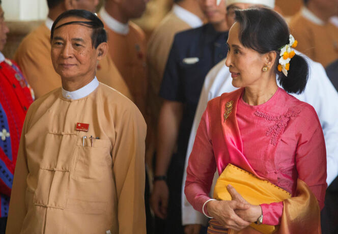 Win Myint avec Aung San Suu Kyi, à Naypyidaw, le 28 mars 2018.