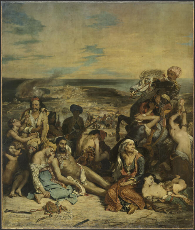 « Scène des massacres de Scio » (1824), d’Eugène Delacroix, huile sur toile, 419 × 354 cm.