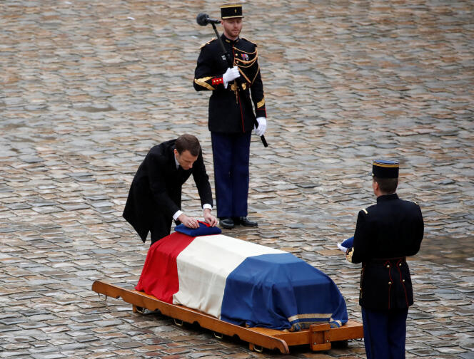 Le président Emmanuel Macron lors de l’hommage national au colonel Arnaud Beltrame, victime de l’islamiste Radouane Lakdim.