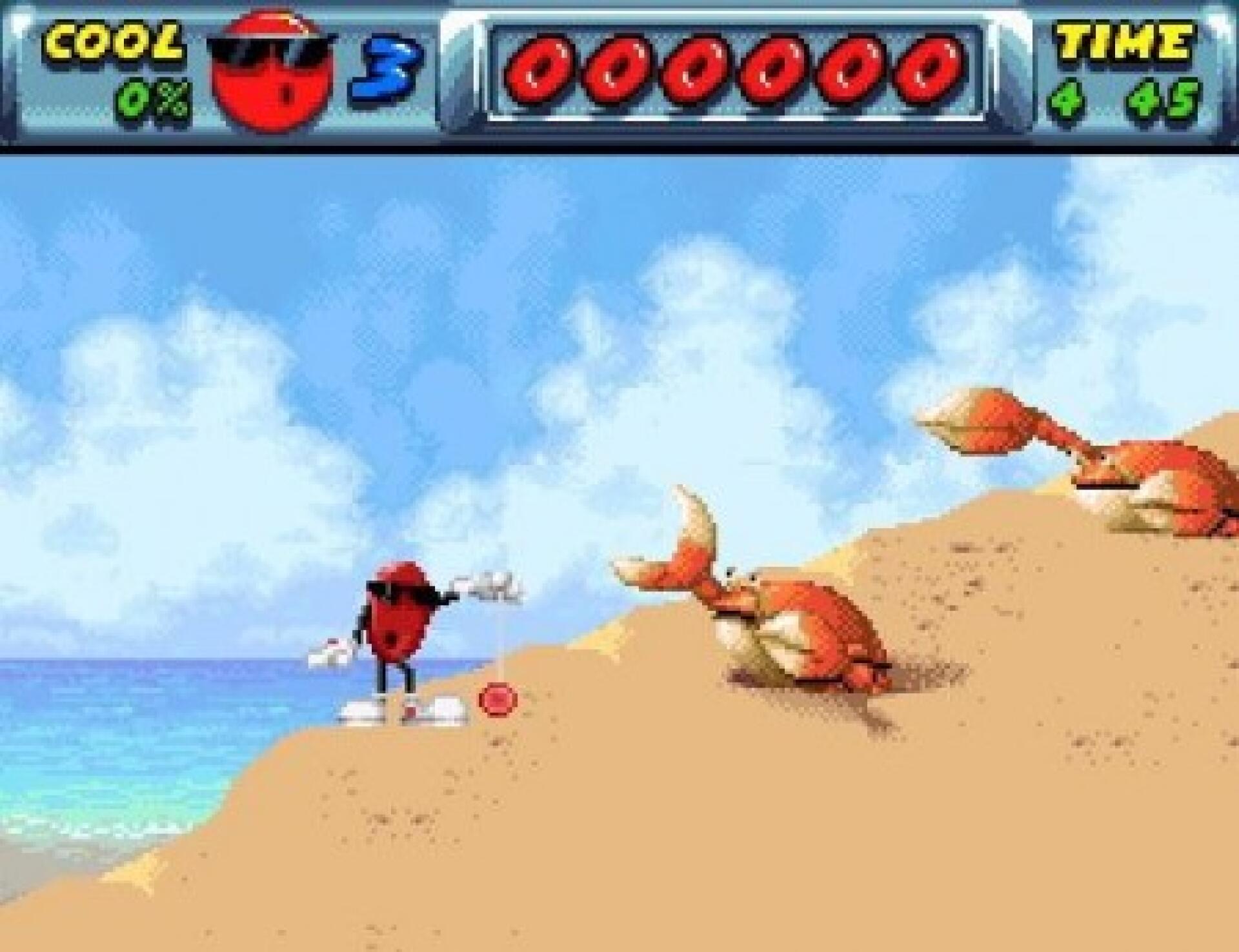 Cool Spot, l’ancienne mascotte de 7up, en train de jouer du yo-yo devant des crabes. (Selon Pixels, cette scène séminale a défini les années 1990.)