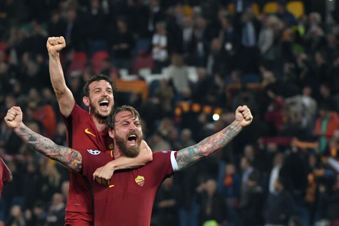 La joie des joueurs de la Roma après leur qualification face au FC Barcelone, le 10 avril.