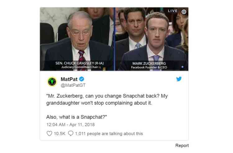 « M. Zuckerberg, est-ce que vous pouvez remettre l’ancienne version de Snapchat ? Ma petite-fille n’arrête pas de se plaindre. Et d’ailleurs, c’est quoi Snapchat ? » Les internautes ont aussi moqué la méconnaissance de certains sénateurs d’Internet et notamment de Facebook. Celui-ci fait référence au récent changement d’interface, très décrié, de Snapchat – qui n’a bien entendu rien à voir avec Facebook.