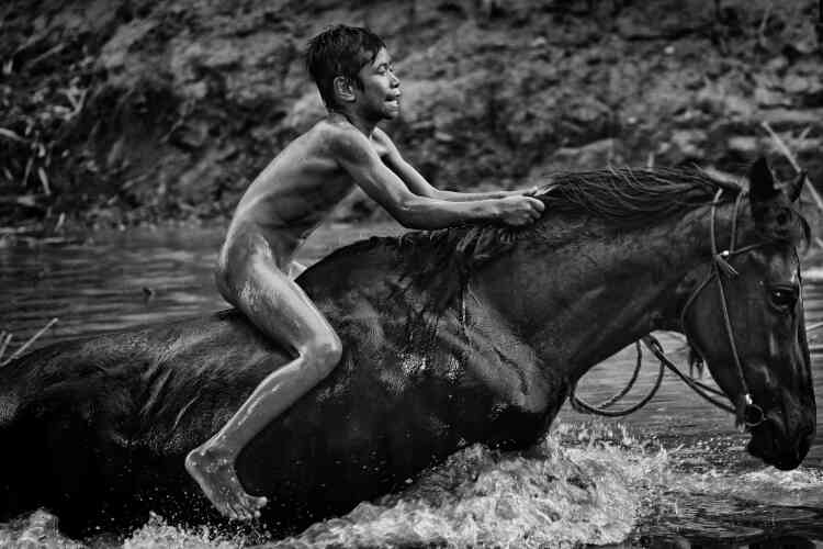 « Enfants jockey » : un cheval amené dans l’eau pour le rafraîchir après une journée de course à Maen Jaran, Sumbawa Island, Indonésie, le 17 septembre 2017.