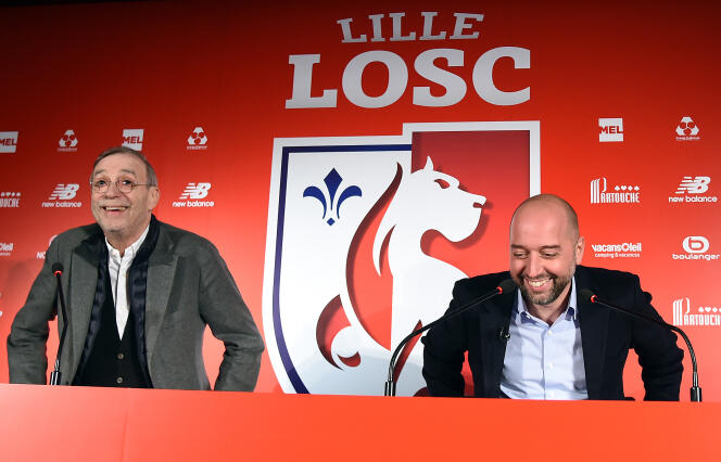 Michel Seydoux et Gérard Lopez, tout sourire lors de la conférence de presse sur la vente du club, en janvier 2017.