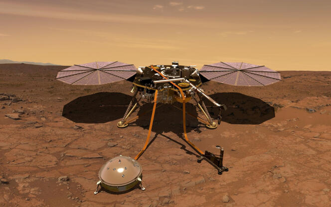 Vue d’artiste d’Insight. Au sol au premier plan, sous sa cloche protectrice, l’instrument SEIS, qui mesurera les vibrations du sol martien.