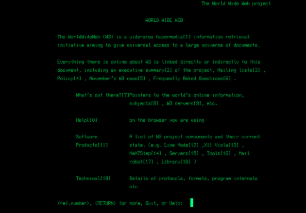 Le premier site du Web, http://info.cern.ch/, dans une version émulée de son affichage d’époque.