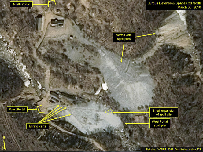 Image satellite datée du 30 mars, diffusée et annotée par Airbus Defense & Space et 38 North, montrant le site d’essai de Punggye-ri, en Corée du Nord.