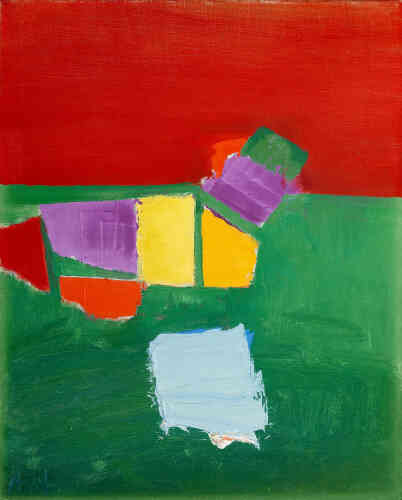 « Ce tableau fait partie de la série de toiles peintes aux Martigues. L’intensité de la lumière se traduit ici dans une palette qui oppose une mer verte à un ciel rouge. Les bateaux sont ici de simples aplats de jaune, de violet, de rouge et de bleu. L’abstraction permet de rester dans l’immédiateté de la perception. »