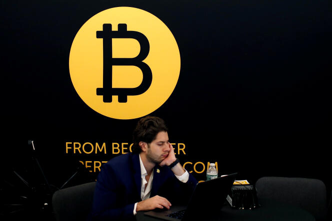Le logo du Bitcoin à la conférence « Consensus 2018 », organisée à New York mi-mai 2018.