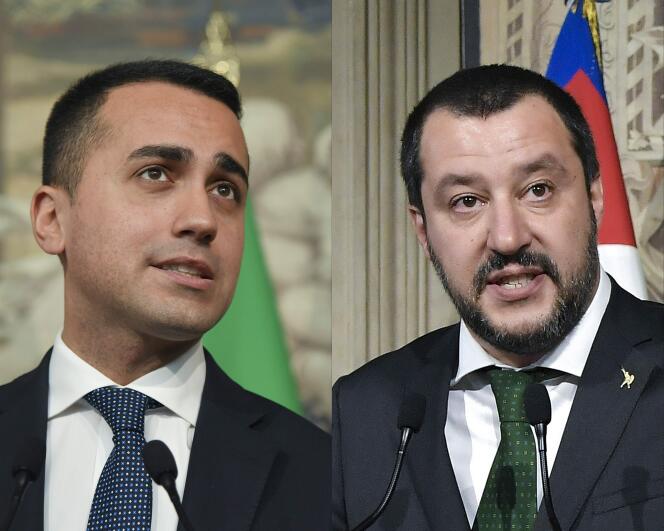 Luigi Di Maio, le leader du M5S, et Matteo Salvini, celui de la Ligue. Les deux formations doivent  s’entendre sur le nom du futur président du Conseil.
