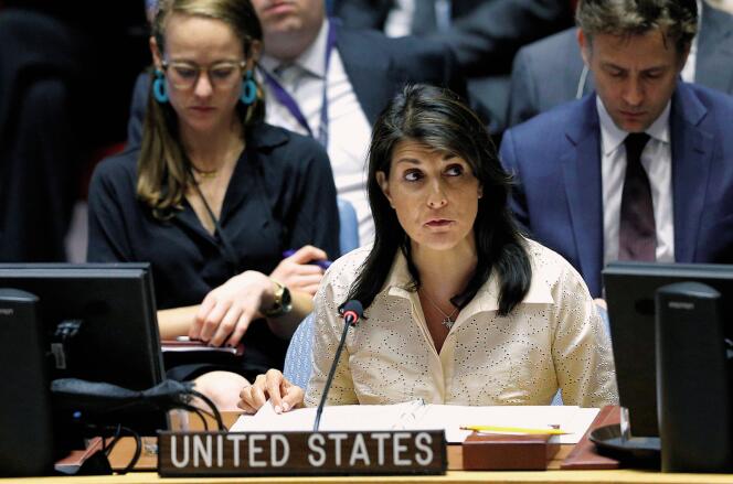L’ambassadrice américaine, le 15 mai, lors de la réunion des Nations unies sur les violences à Gaza intervenues le lundi 14 mai.