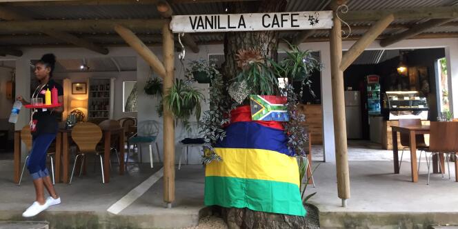 Drapeaux mauricien et sud-africain au Vanilla Village, à Rivière noire, en avril 2018.