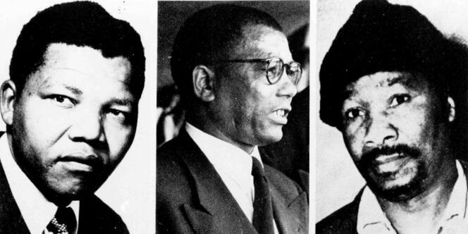 De g. à dr. : Nelson Mandela, Walter Sisulu et Gowan Mbeki, trois des dix accusés du procès de Rivonia, en 1963-1964,