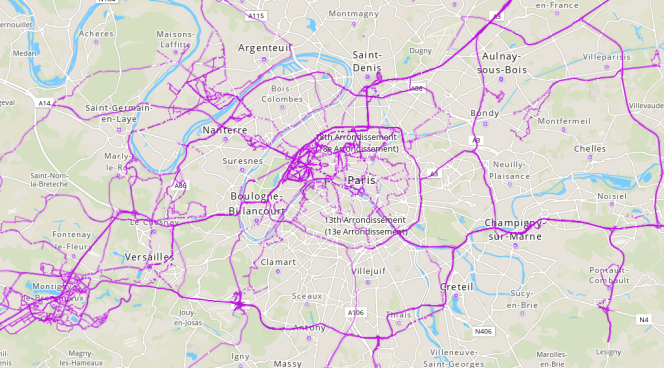 Carte des rues de Paris et sa région qui ont été photographiées à 360 degrés sur Openstreetcam, plate-forme collaborative et libre associée à Openstreetmap.